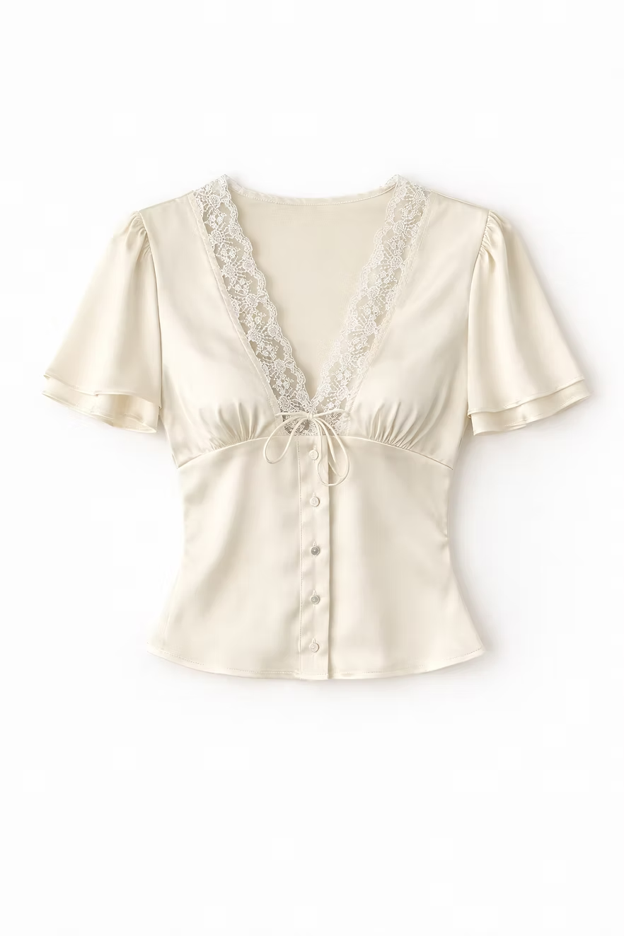 Chemisier boutonné en satin à manches courtes et dentelle