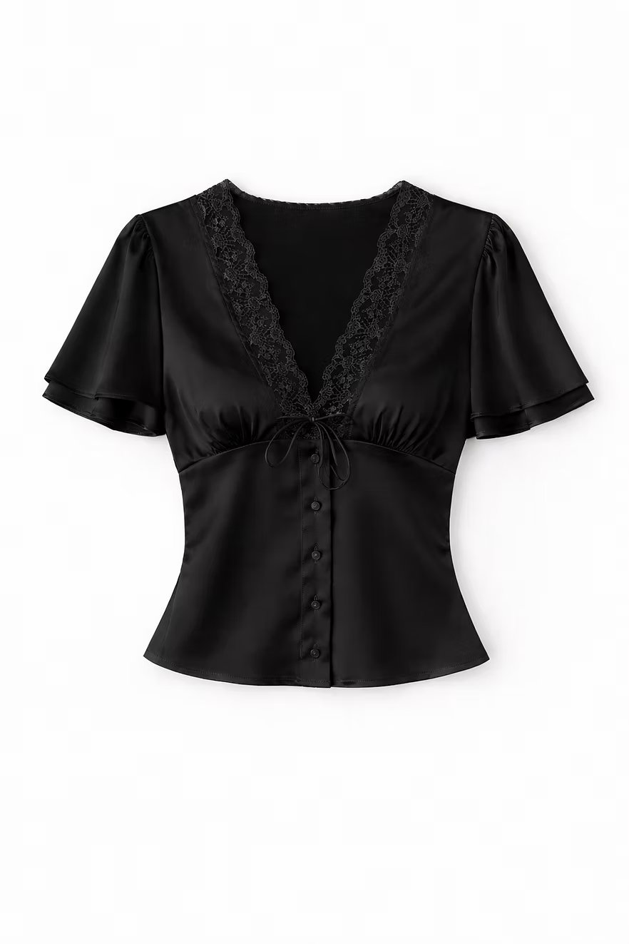 Chemisier boutonné en satin à manches courtes et dentelle