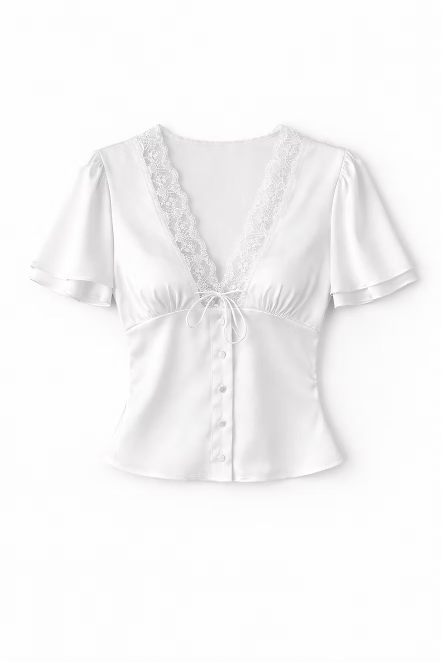 Chemisier boutonné en satin à manches courtes et dentelle