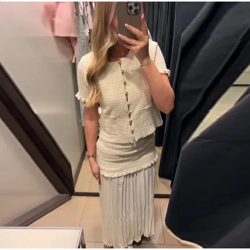OLANE Knitted Tank Pleated Skirt Set Beige SetSWomen's Sets