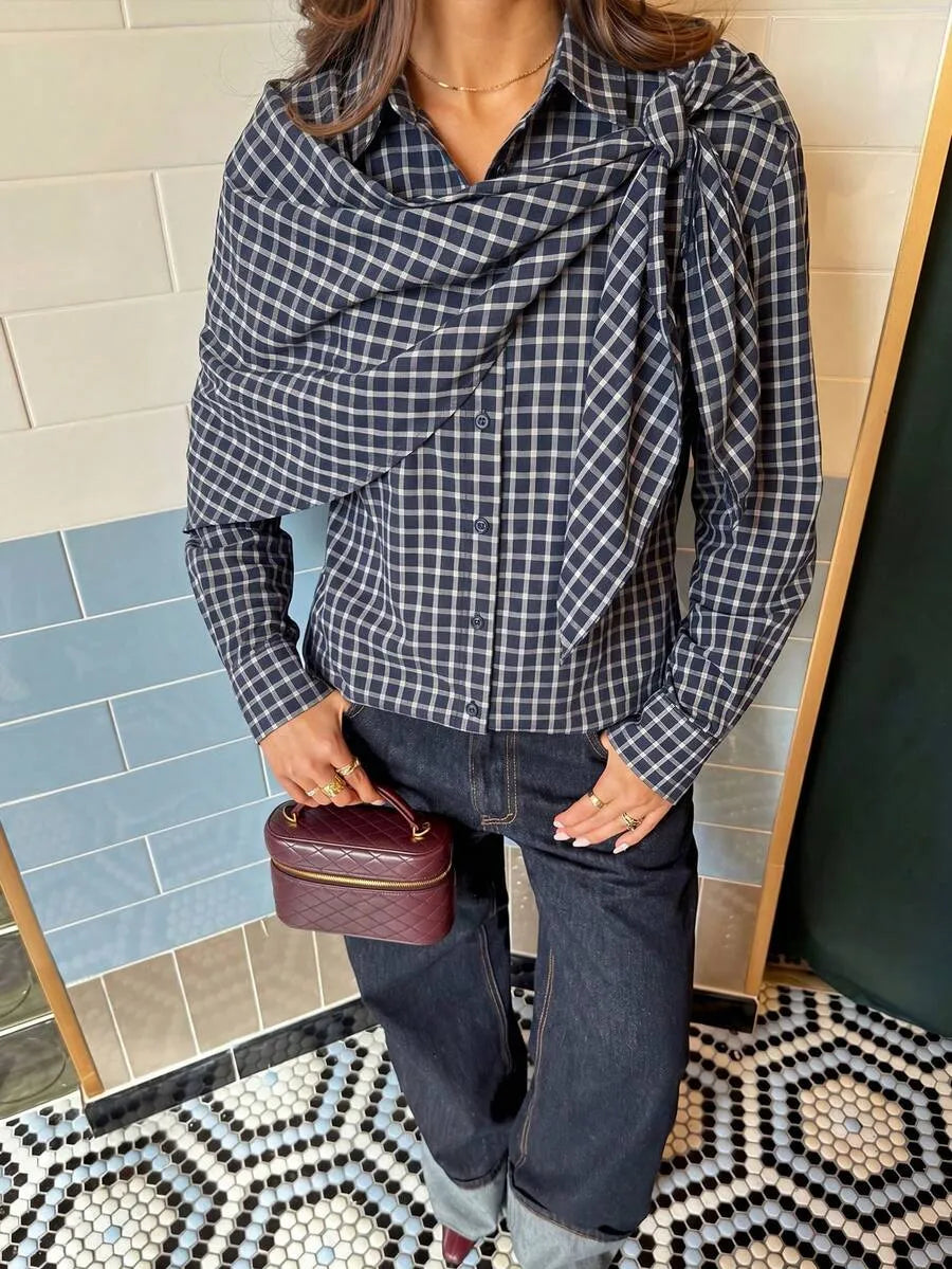 Classic Long Sleeve Plaid Scarf-Tie Shirt