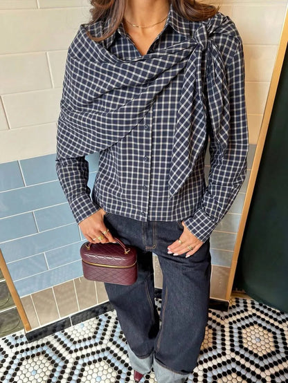 Classic Long Sleeve Plaid Scarf-Tie Shirt