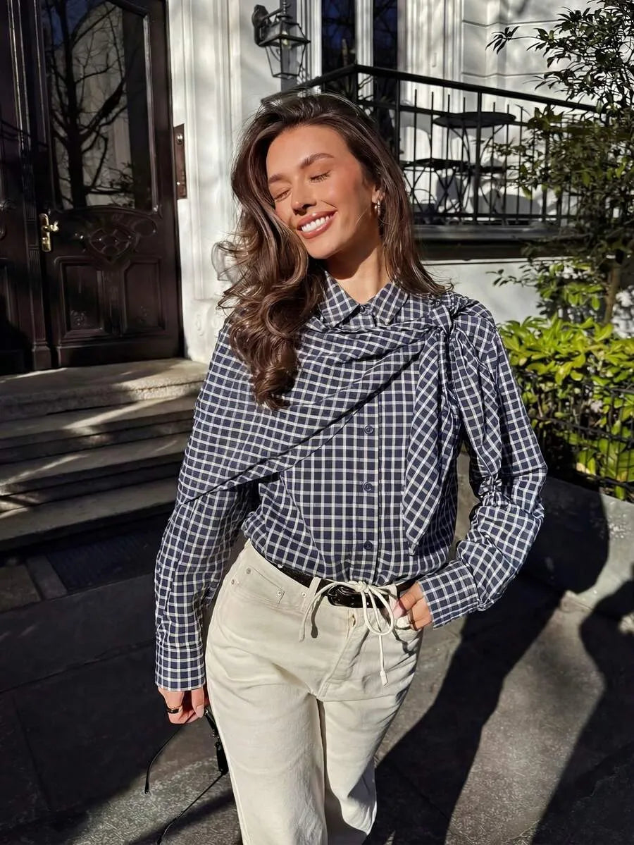 Classic Long Sleeve Plaid Scarf-Tie Shirt