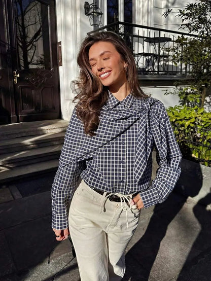 Classic Long Sleeve Plaid Scarf-Tie Shirt