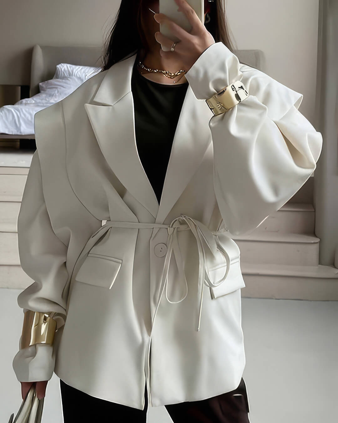 OLANE Mia Wide Sleeve Belted Blazer WhiteSWomen's Coats & Jackets