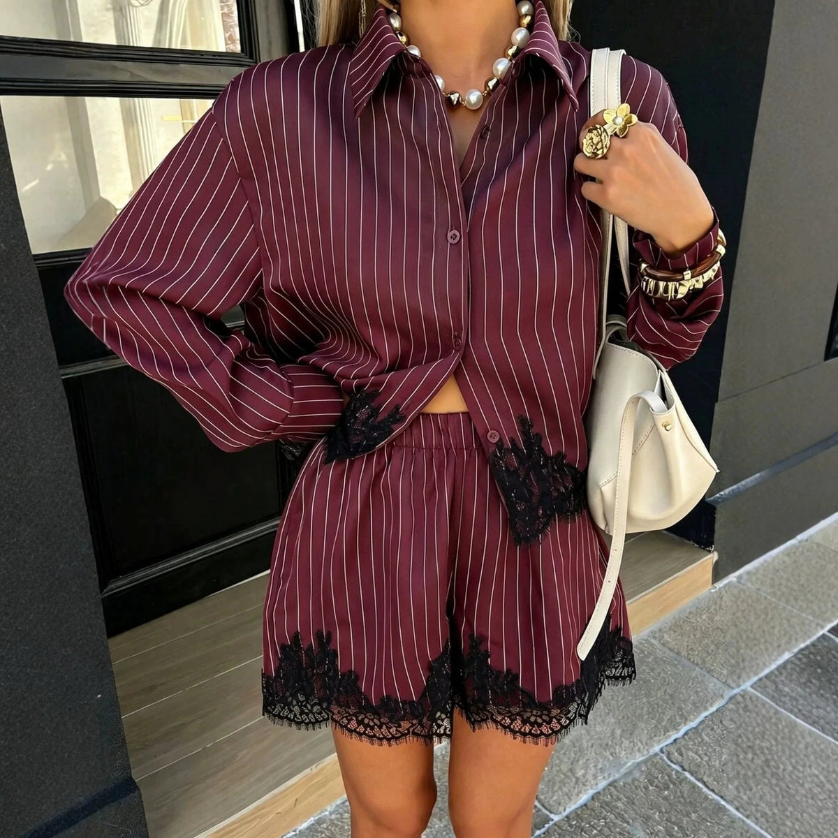 OLANE Natalie Long Sleeve Pinstripe Lace Trim Shorts Set BurgundyMWomen's Sets