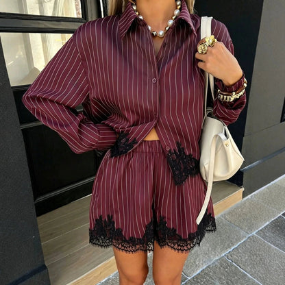 OLANE Natalie Long Sleeve Pinstripe Lace Trim Shorts Set BurgundyMWomen's Sets