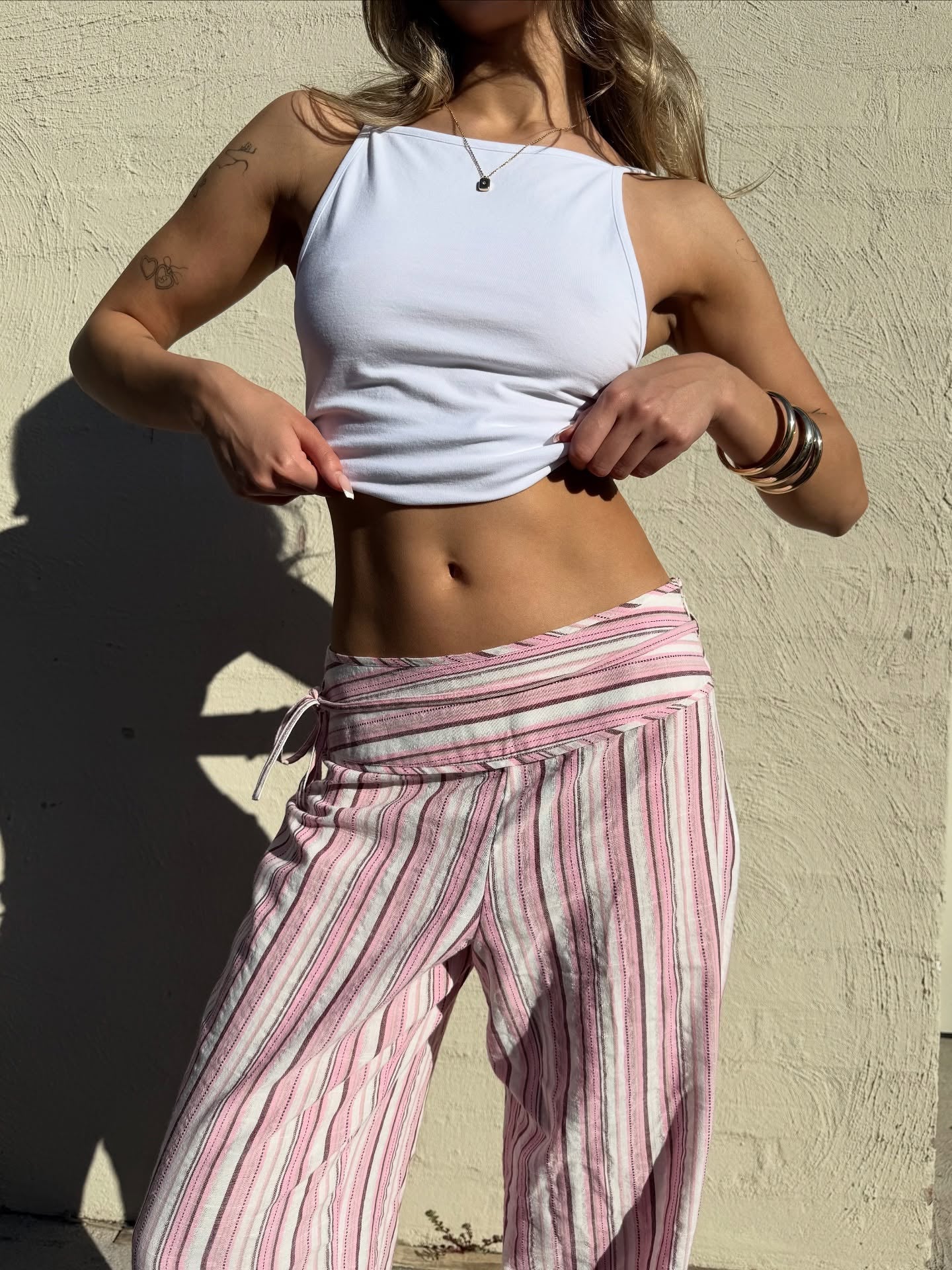 OLANE Daniela Boho Striped Palazzo Pants Pink/WhiteSWomen's Bottoms