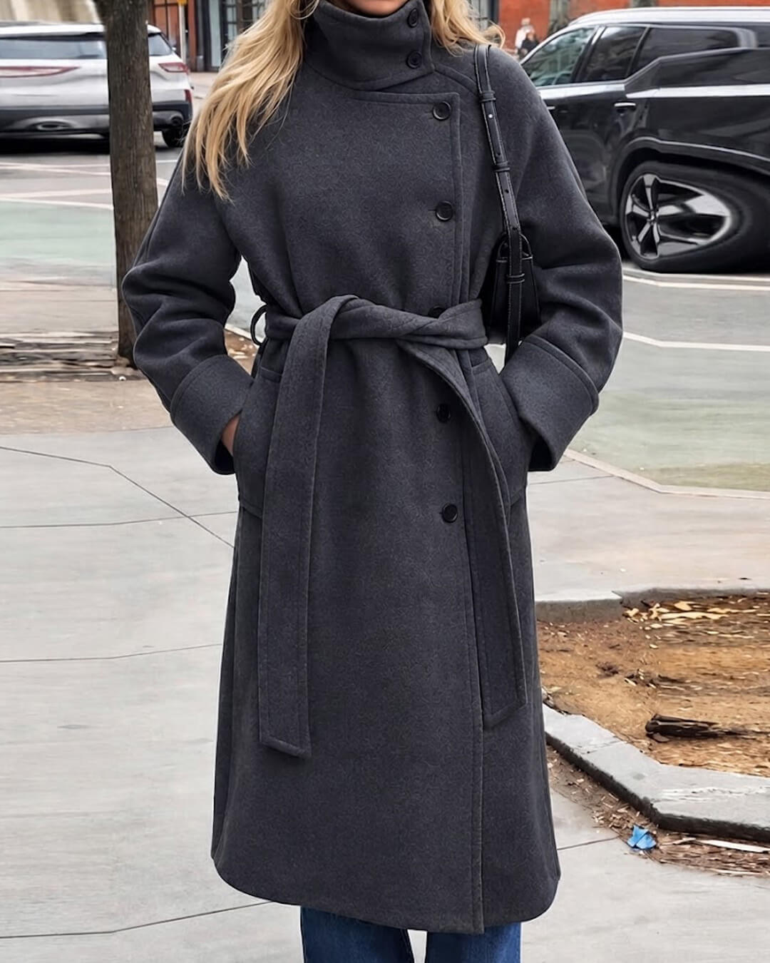 OLANE Angela Long Belted High Collar Coat GreySWomen's Coats & Jackets
