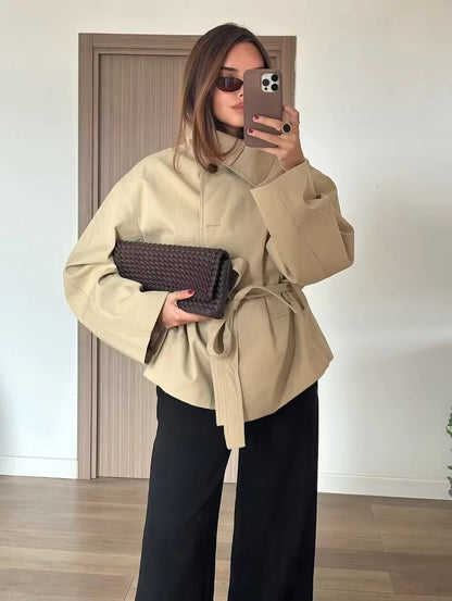 OLANE Asymmetric Button-Up Belted Trench Coat BeigeMWomen's Coats & Jackets
