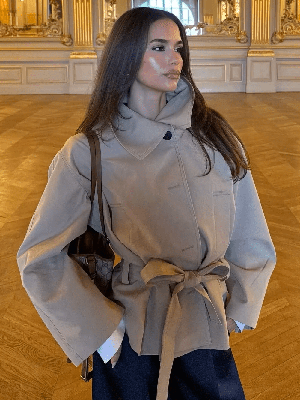 OLANE Asymmetric Button-Up Belted Trench Coat BeigeMWomen's Coats & Jackets