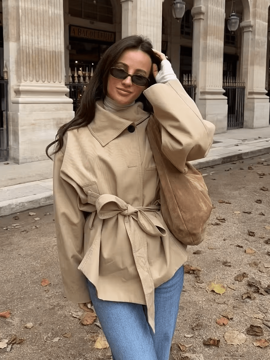 OLANE Asymmetric Button-Up Belted Trench Coat BeigeMWomen's Coats & Jackets