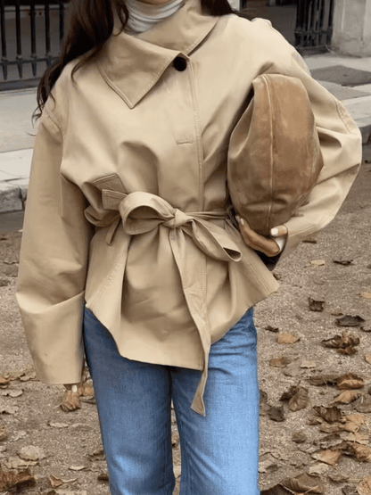 OLANE Asymmetric Button-Up Belted Trench Coat BeigeSWomen's Coats & Jackets