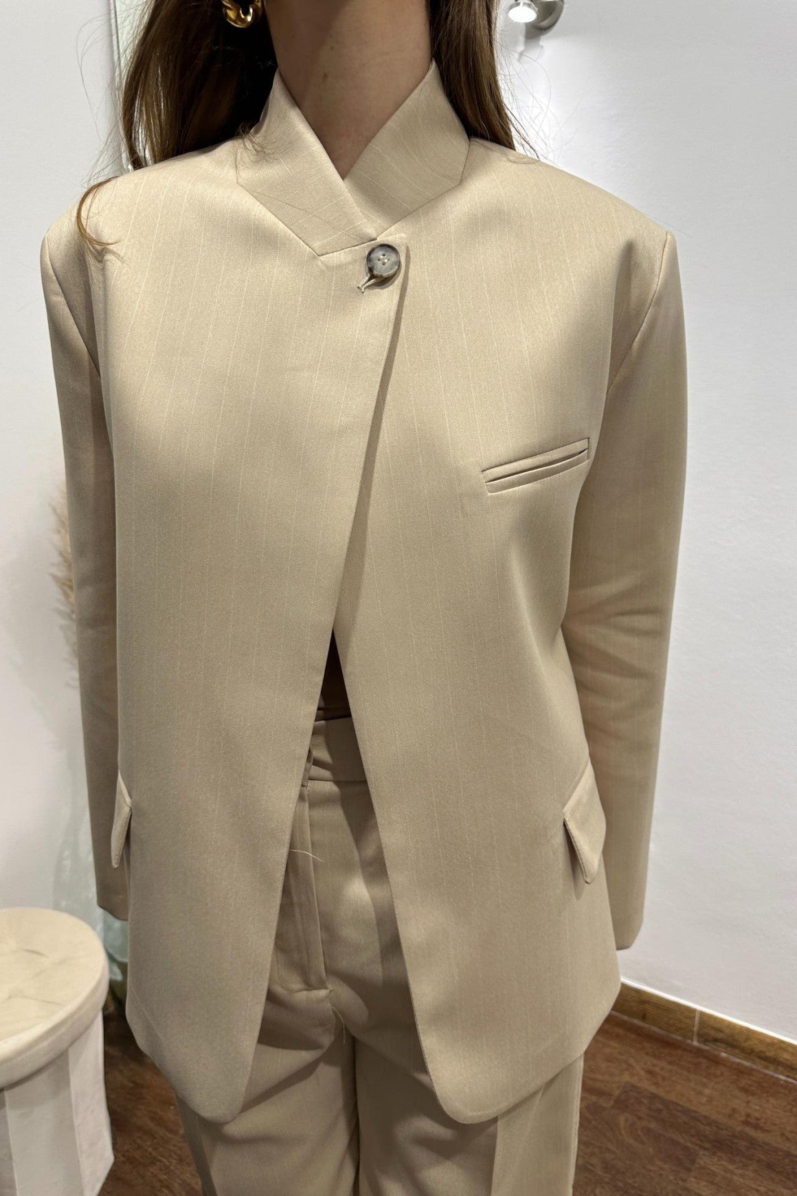 OLANE Asymmetric High Neck Blazer Coat BeigeXSBlazer