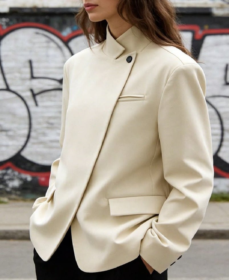 OLANE Asymmetric High Neck Blazer Coat IvoryXSBlazer