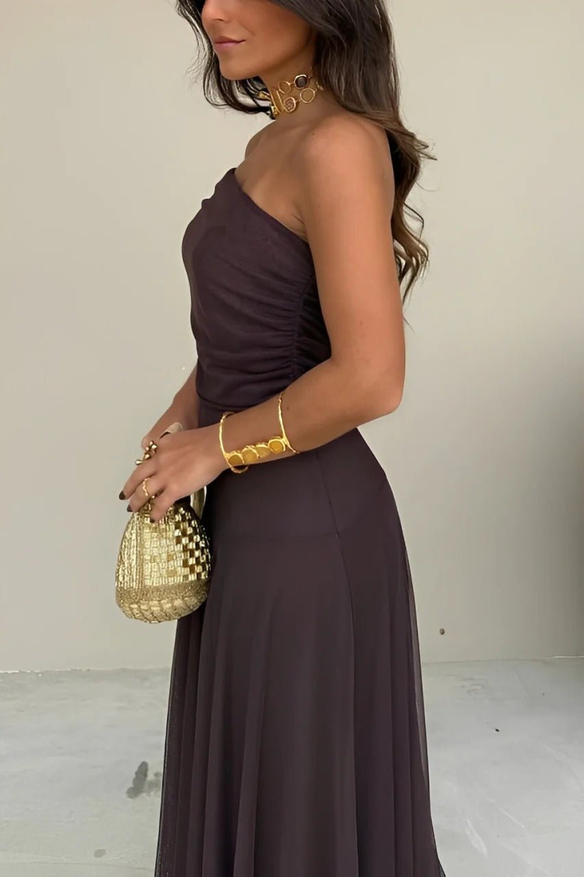 OLANE Asymmetric Off-Shoulder Ruched Maxi Dress BrownSWomen’s Dresses