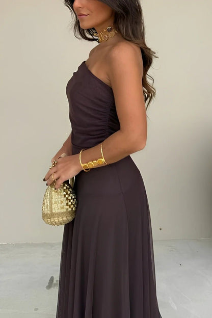OLANE Asymmetric Off-Shoulder Ruched Maxi Dress BrownSWomen’s Dresses