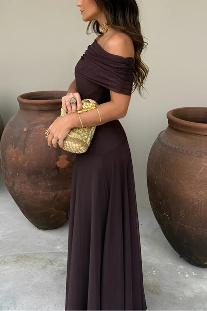 OLANE Asymmetric Off-Shoulder Ruched Maxi Dress BrownSWomen’s Dresses