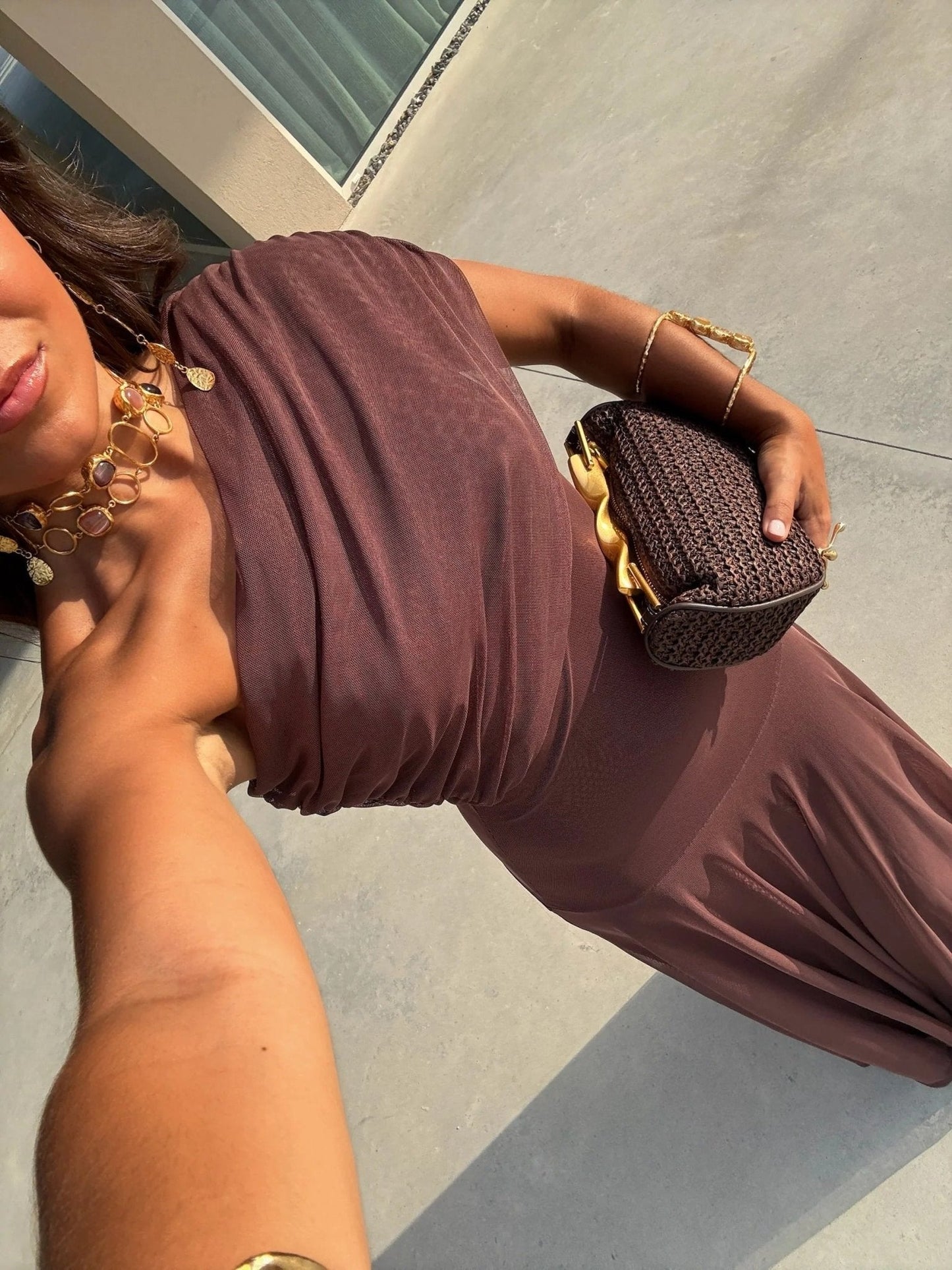 OLANE Asymmetric Off-Shoulder Ruched Maxi Dress BrownSWomen’s Dresses