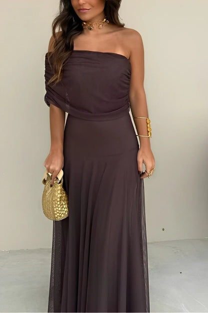 OLANE Asymmetric Off-Shoulder Ruched Maxi Dress BrownSWomen’s Dresses