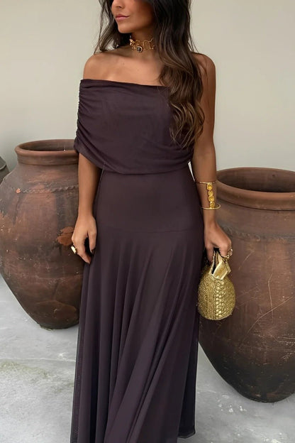 OLANE Asymmetric Off-Shoulder Ruched Maxi Dress BrownSWomen’s Dresses