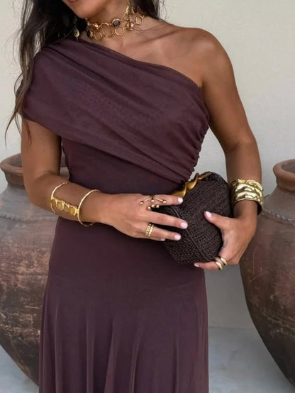 OLANE Asymmetric Off-Shoulder Ruched Maxi Dress BrownSWomen’s Dresses