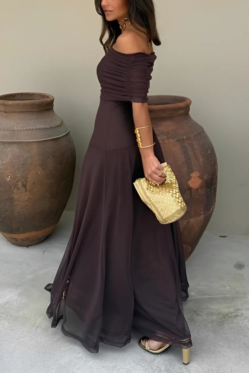 OLANE Asymmetric Off-Shoulder Ruched Maxi Dress BrownSWomen’s Dresses