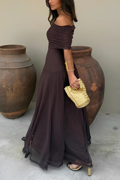 OLANE Asymmetric Off-Shoulder Ruched Maxi Dress BrownSWomen’s Dresses