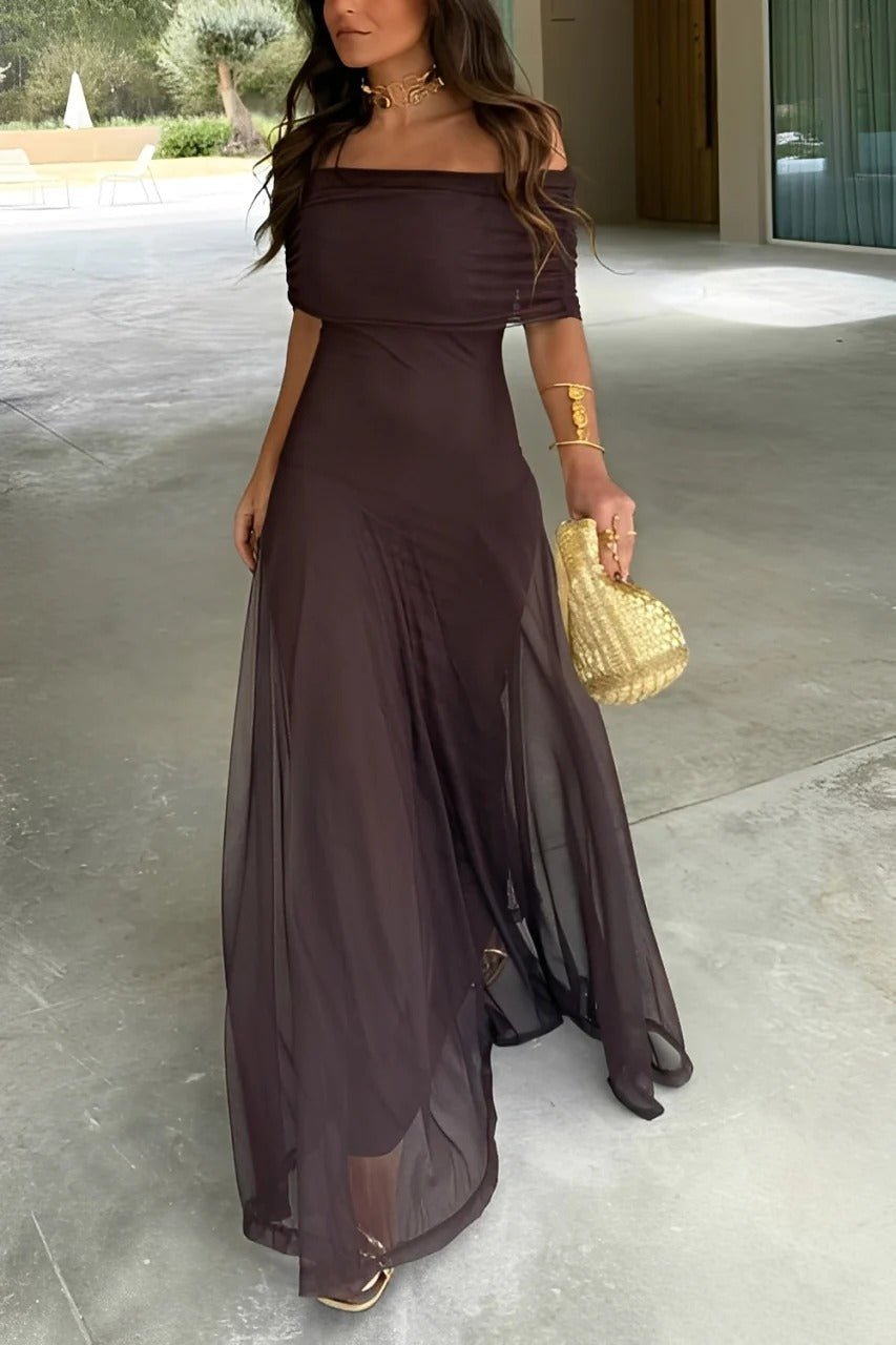 OLANE Asymmetric Off-Shoulder Ruched Maxi Dress BrownSWomen’s Dresses