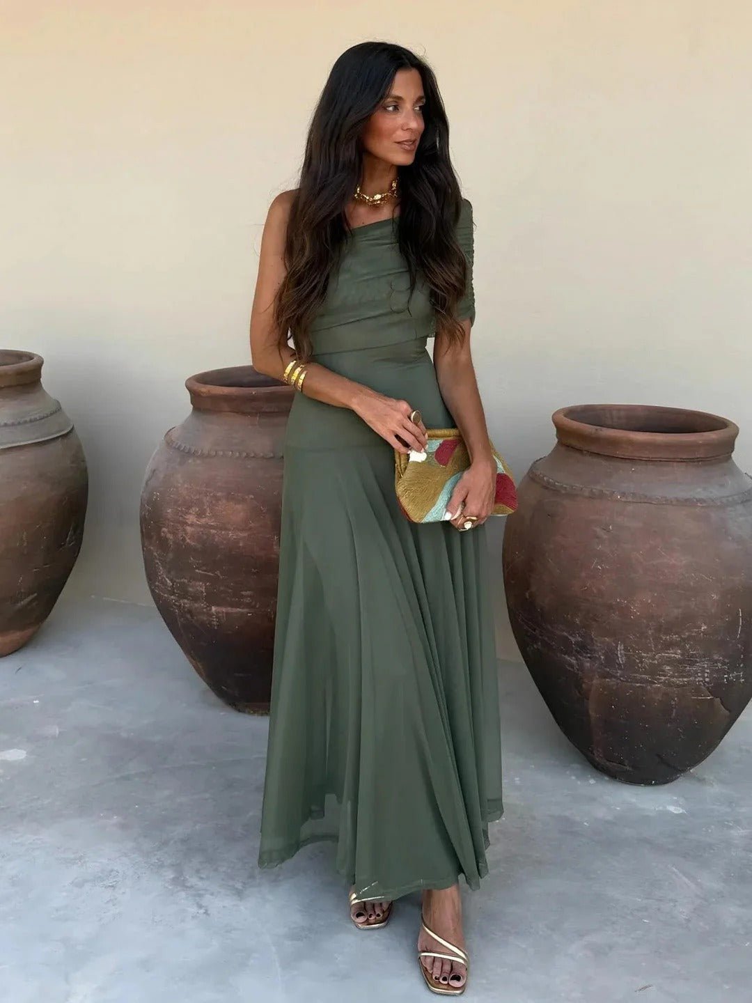 OLANE Asymmetric Off-Shoulder Ruched Maxi Dress SageSWomen’s Dresses