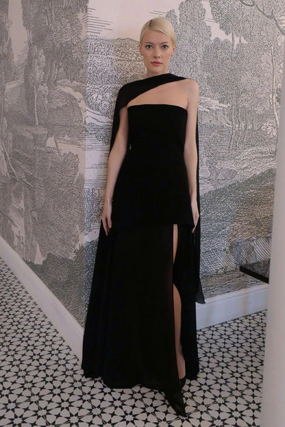 OLANE Asymmetric Sheer Maxi Dress with Scarf BlackSWomen's Dresses