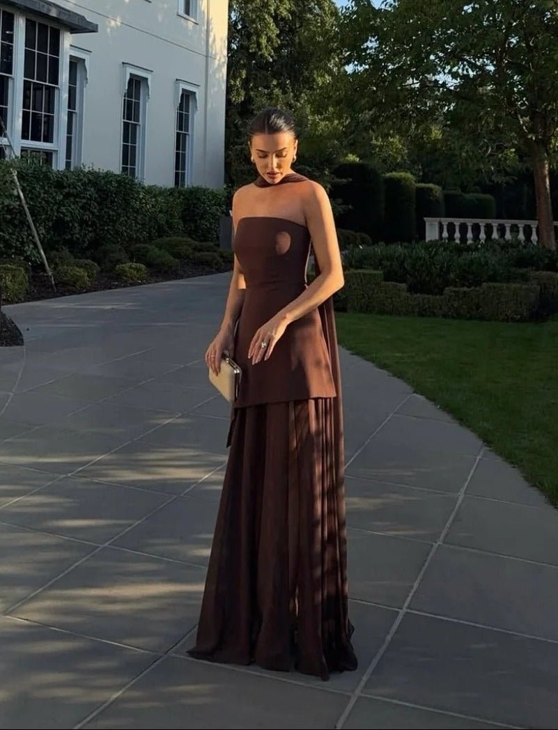 OLANE Asymmetric Sheer Maxi Dress with Scarf BrownLWomen's Dresses