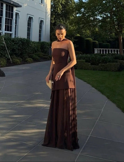 OLANE Asymmetric Sheer Maxi Dress with Scarf BrownLWomen's Dresses