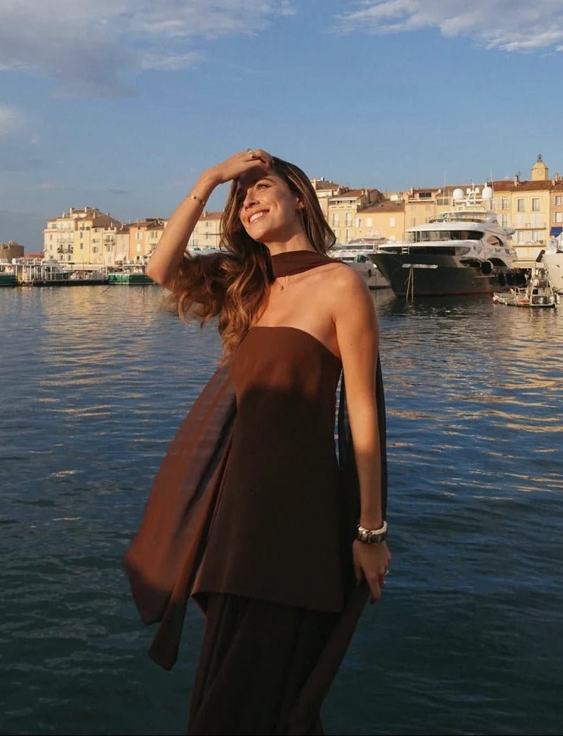 OLANE Asymmetric Sheer Maxi Dress with Scarf BrownMWomen's Dresses