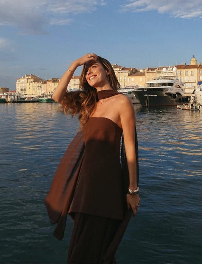 OLANE Asymmetric Sheer Maxi Dress with Scarf BrownMWomen's Dresses