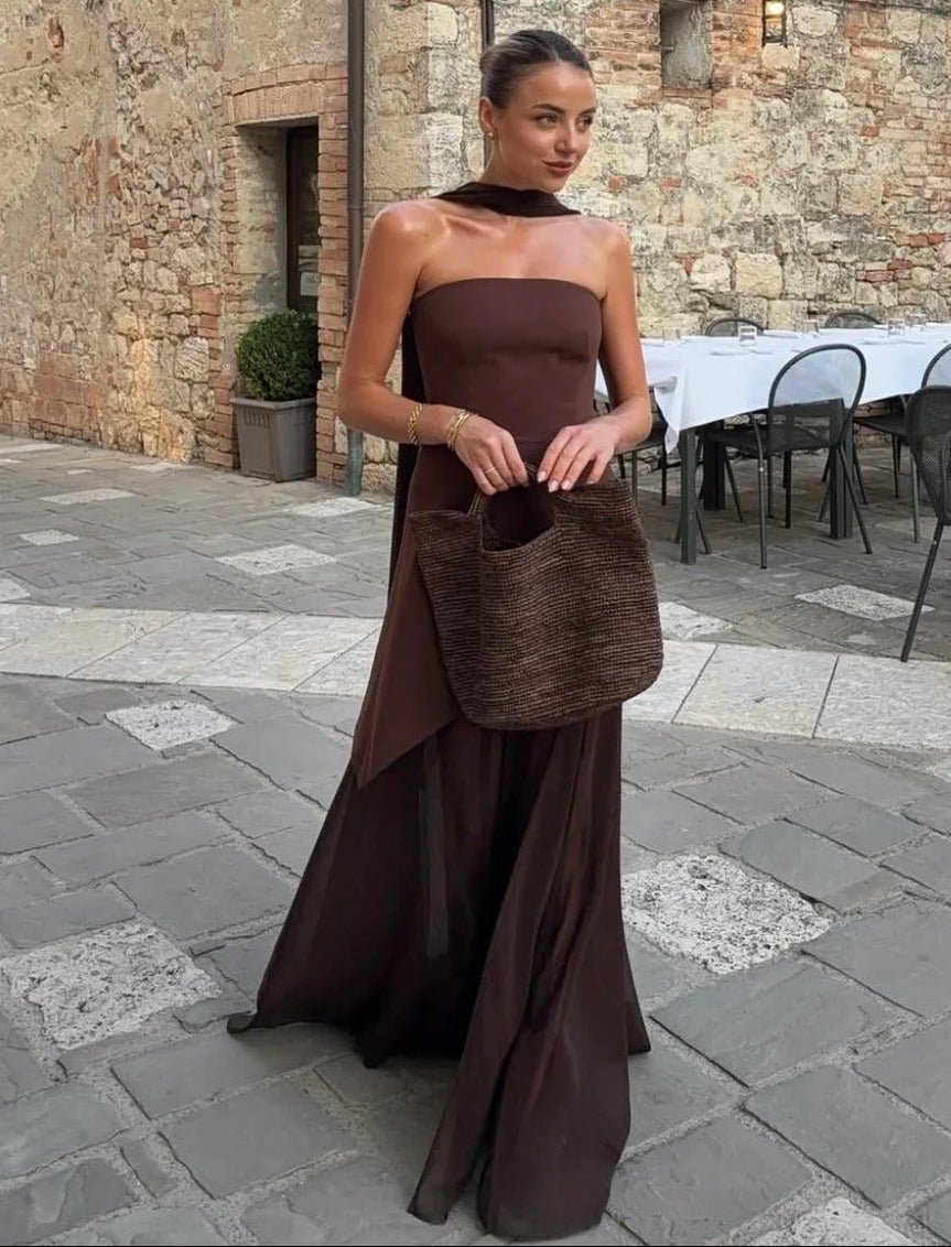 OLANE Asymmetric Sheer Maxi Dress with Scarf BrownSWomen's Dresses
