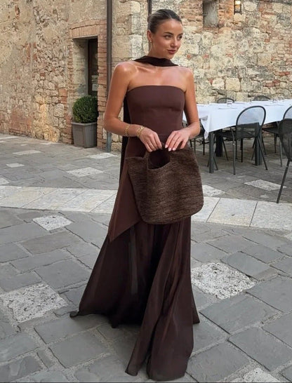 OLANE Asymmetric Sheer Maxi Dress with Scarf BrownSWomen's Dresses