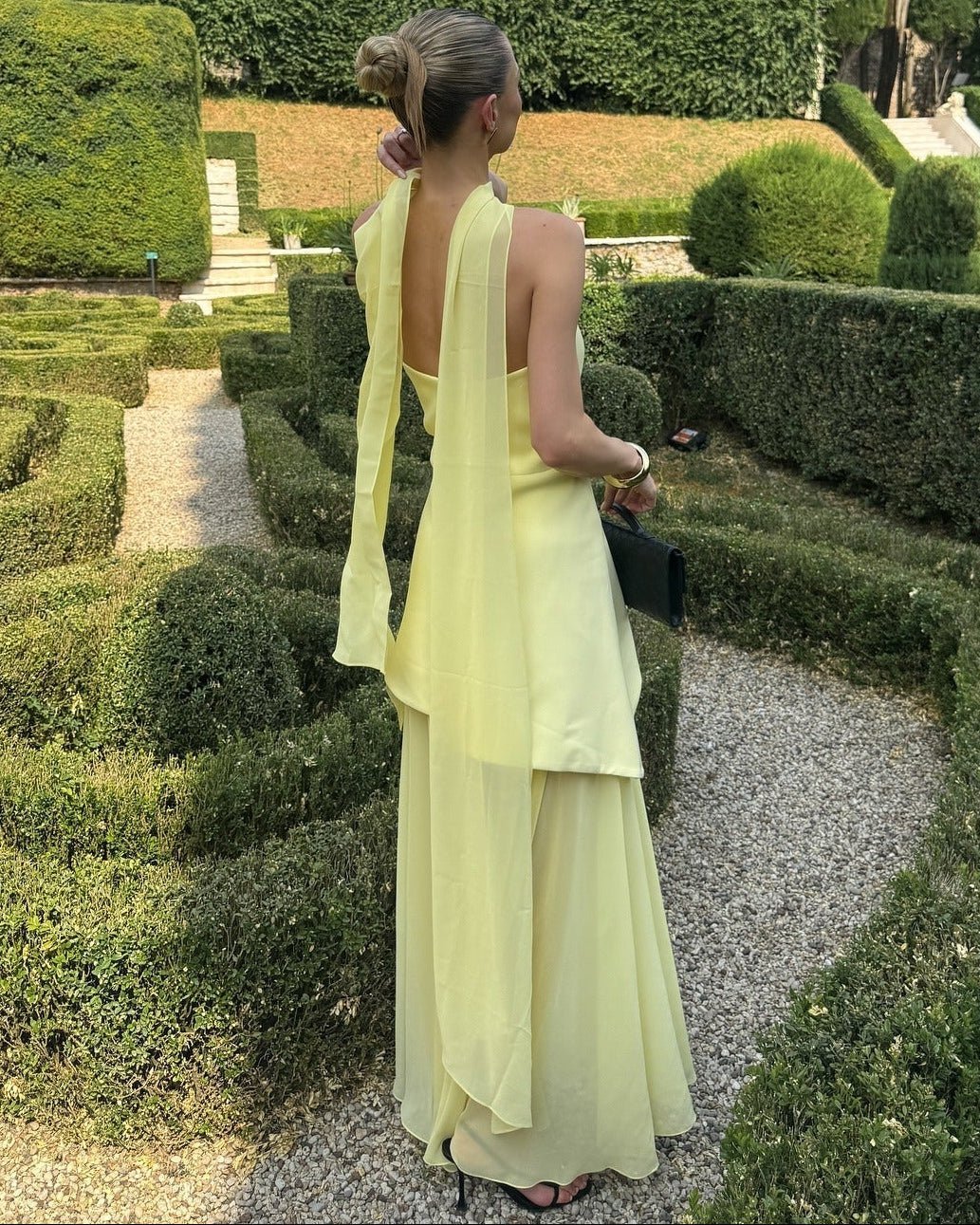 OLANE Asymmetric Sheer Maxi Dress with Scarf Butter YellowSWomen's Dresses