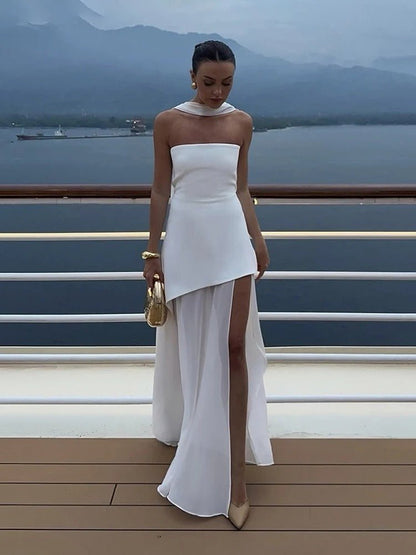 OLANE Asymmetric Sheer Maxi Dress with Scarf WhiteSWomen's Dresses
