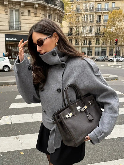 OLANE Belted Double-Breasted Turtleneck Coat LWomen's Coats & Jackets
