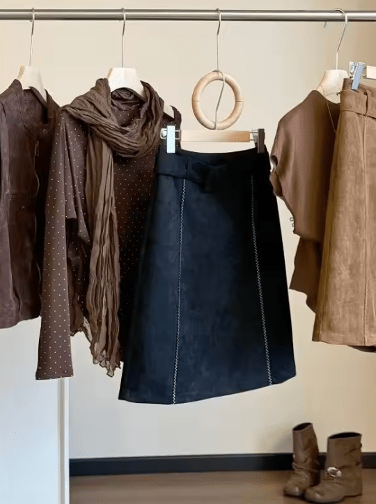 OLANE Belted Faux Suede Midi Skirt BlackSSkirt