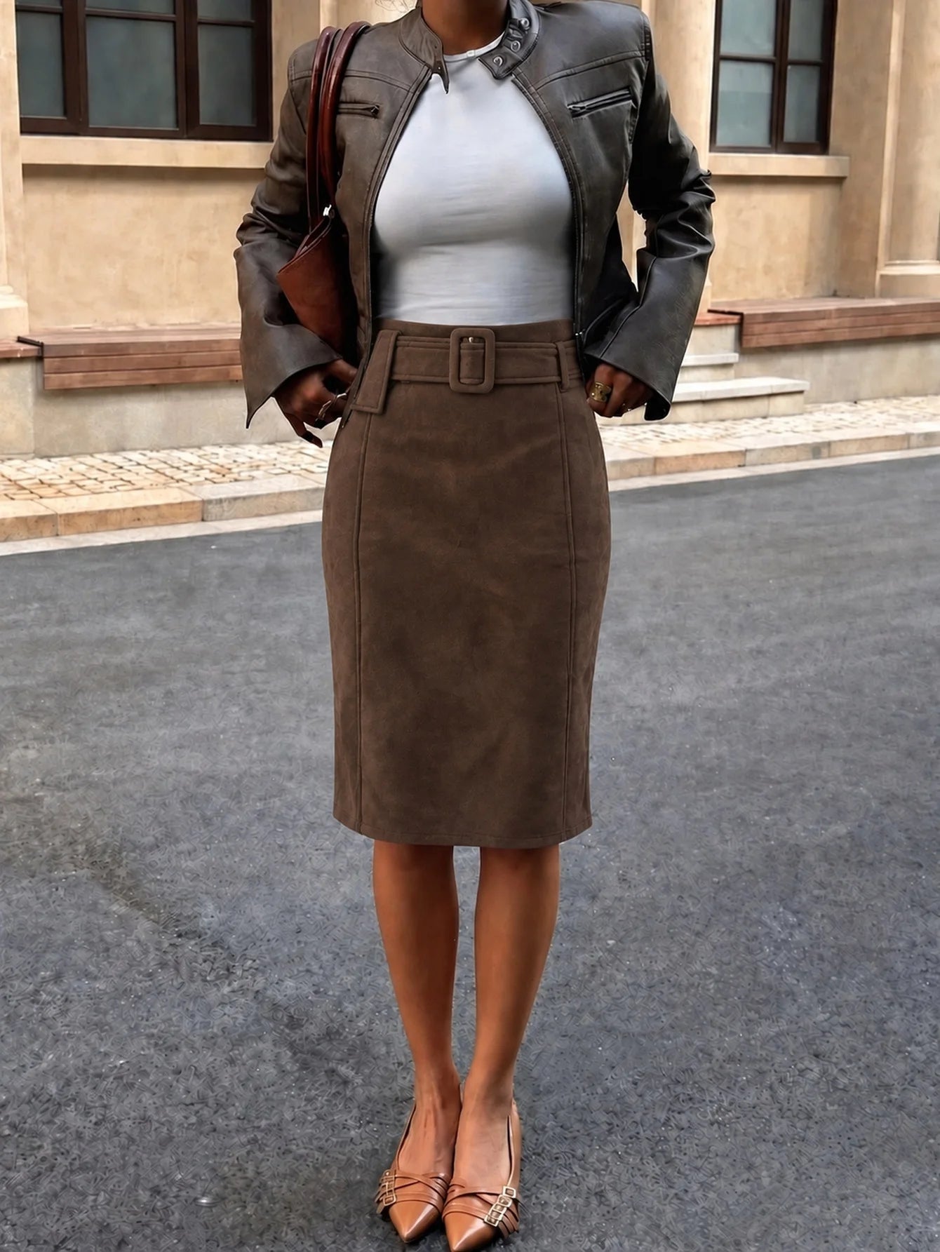 OLANE Belted Faux Suede Midi Skirt BrownSSkirt