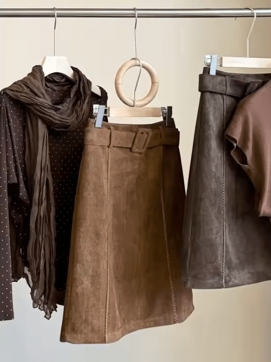 OLANE Belted Faux Suede Midi Skirt BrownSSkirt