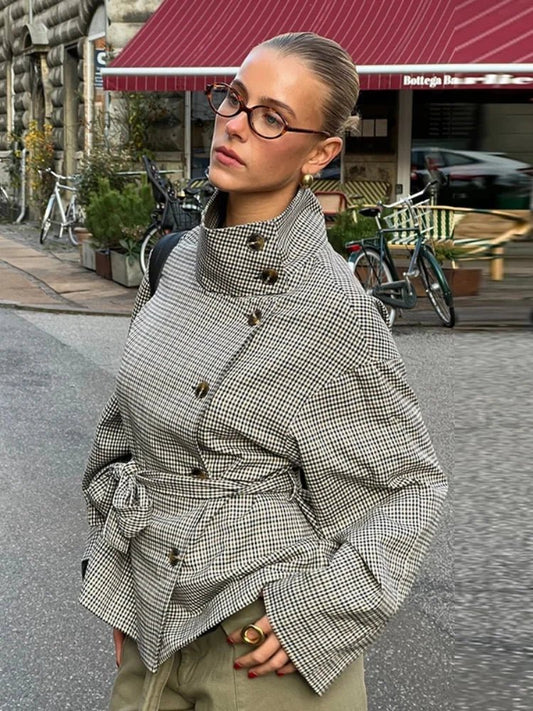 OLANE Belted Plaid Funnel Neck Coat CheckLWomen's Coats & Jackets