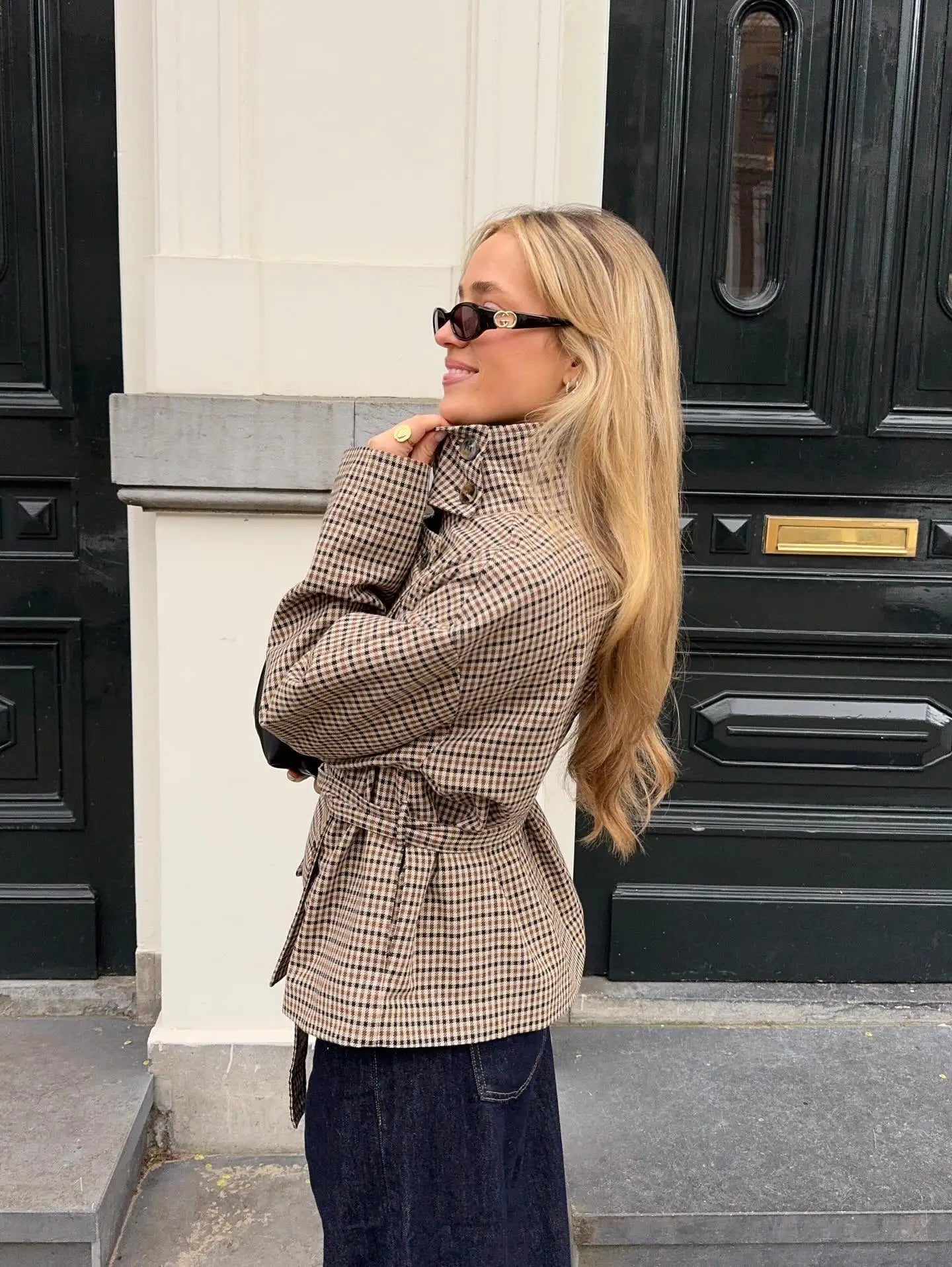 OLANE Belted Plaid Funnel Neck Coat CheckMWomen's Coats & Jackets