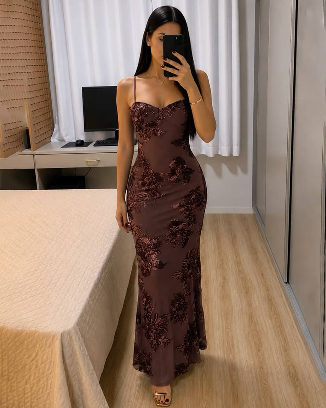 OLANE Bodycon Appliqué Tie-Back Evening Gown BrownXSWomen’s Dresses