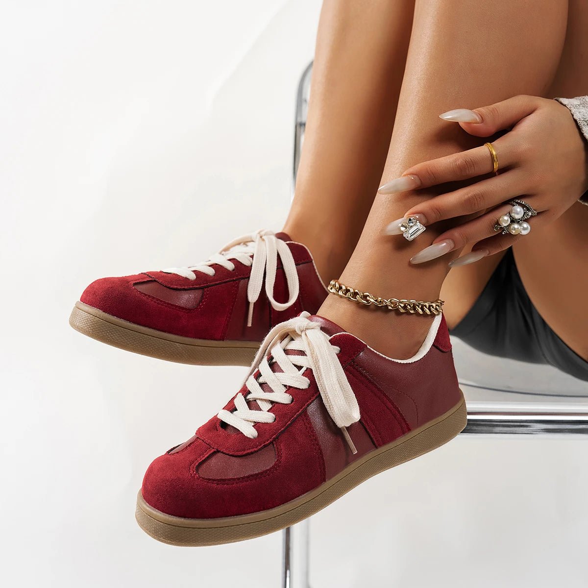 Olane Brand Classic Suede Sneakers with Details Burgundy36Sneakers