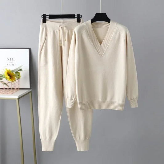 Olane Brand Knitted V - Neck Wool Set CremeSWomen's Sets