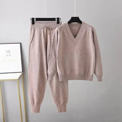 Olane Brand Knitted V - Neck Wool Set TaupeSWomen's Sets