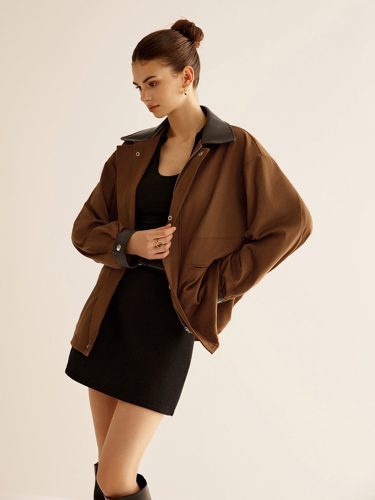 Olane Brand Oversized Jacket with Leather Accents BrownXSWomen's Jackets